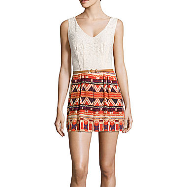 City Triangles Sleeveless Lace Top Printed Short Belted Romper