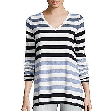 Liz Claiborne Long-Sleeve V-Neck Striped Tunic